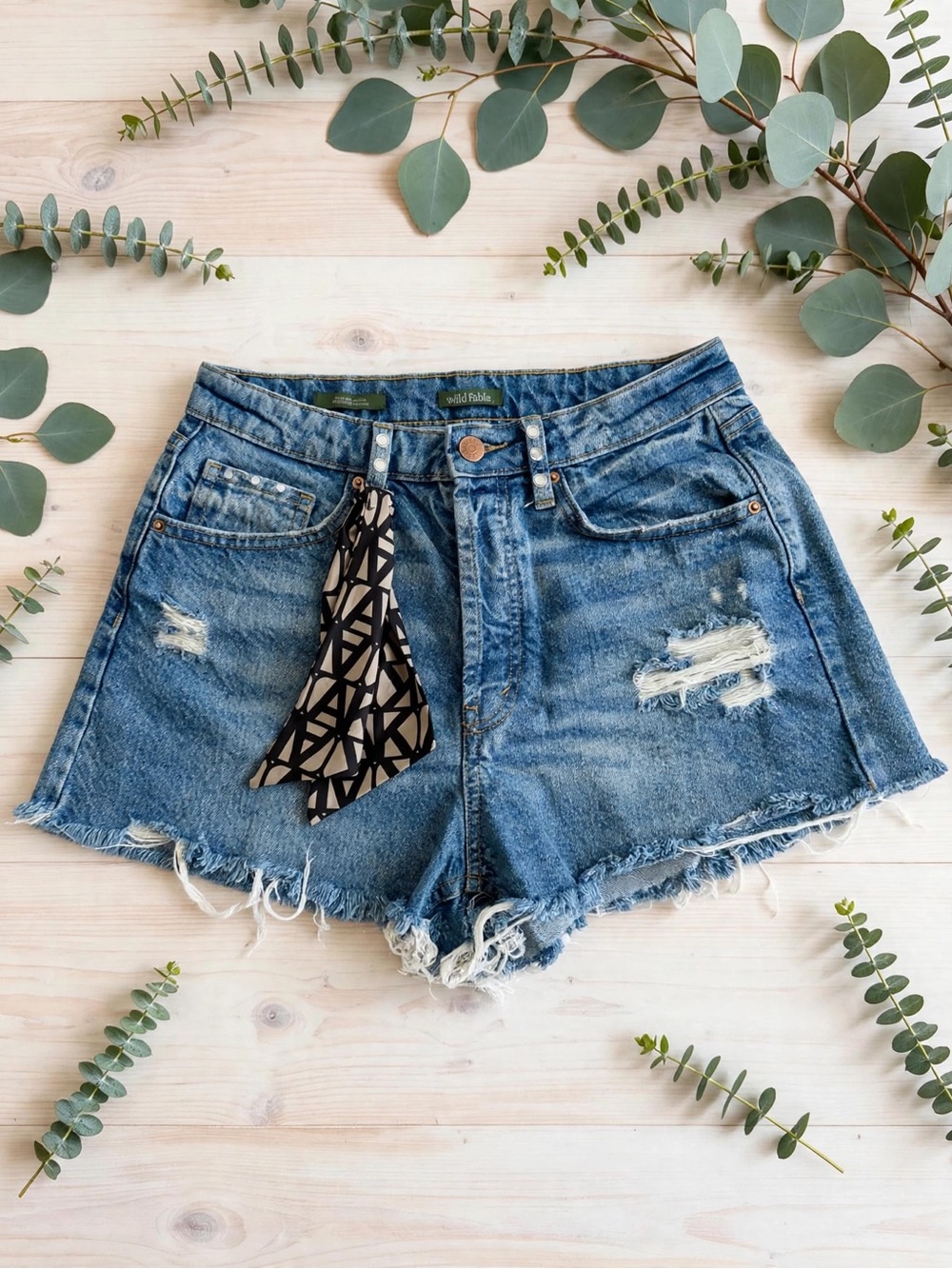 Target Blue Distressed Denim Shorts with Printed Scarf Tie